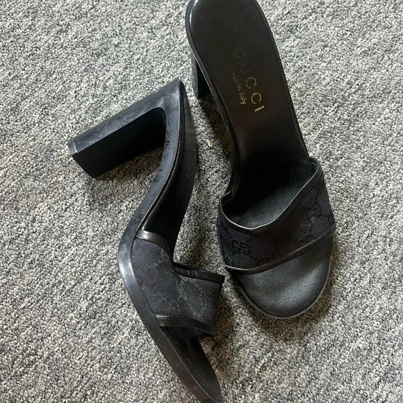 GUCCI | Sandalo Suola Gomma Original GG/Cuoio Maidera Heels in Nero, size 5 - Picture 3 of 9